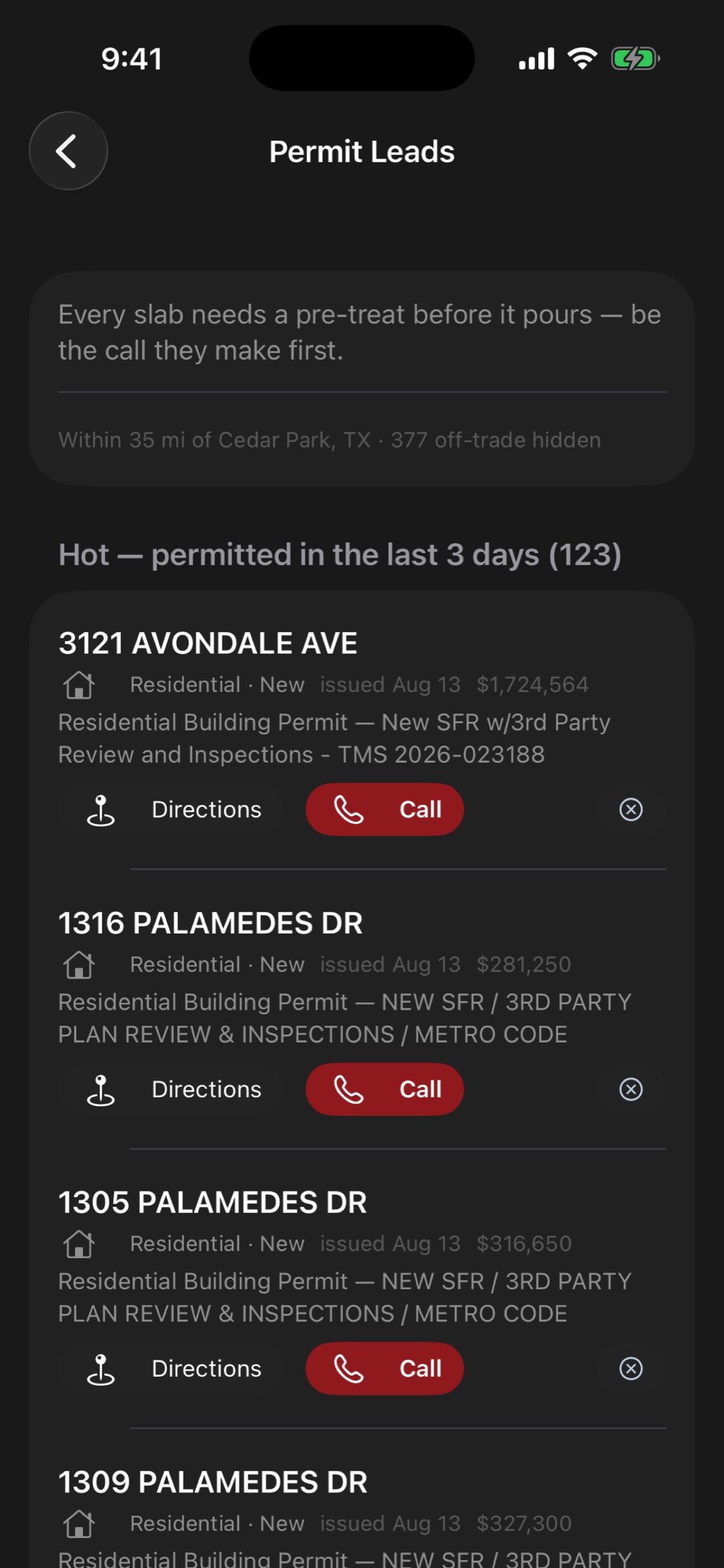 PourWatch Permit Leads screen