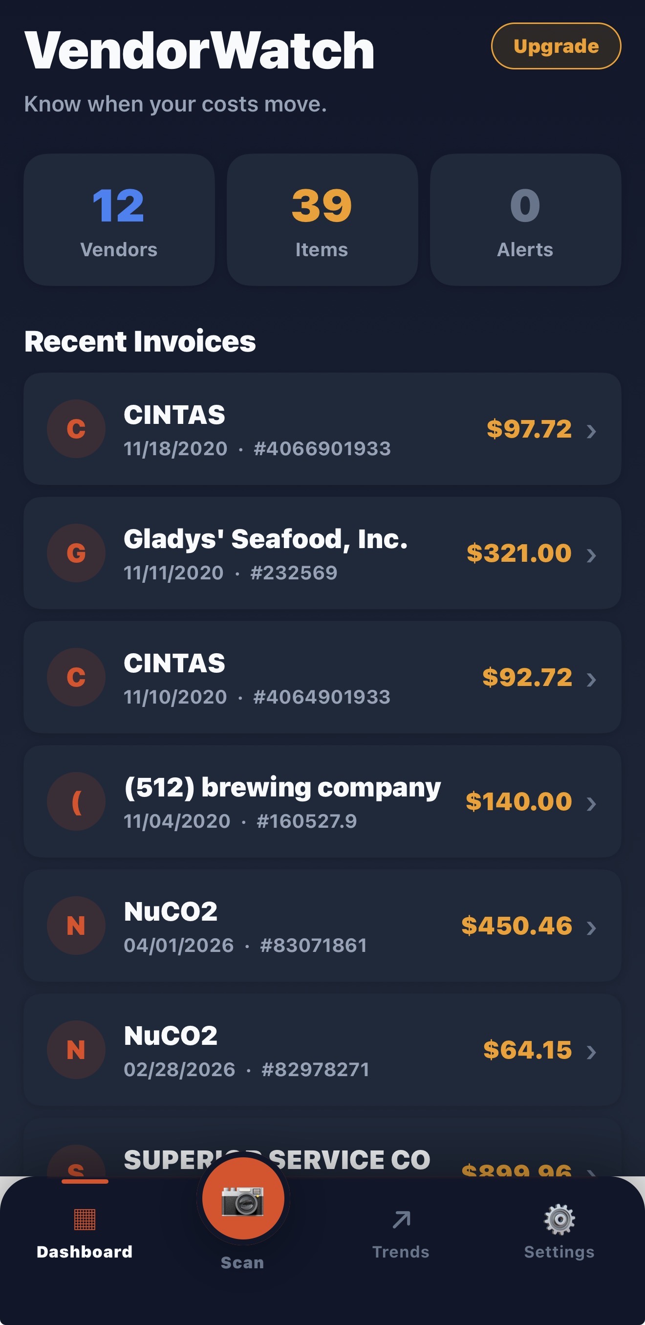 VendorWatch app screenshot